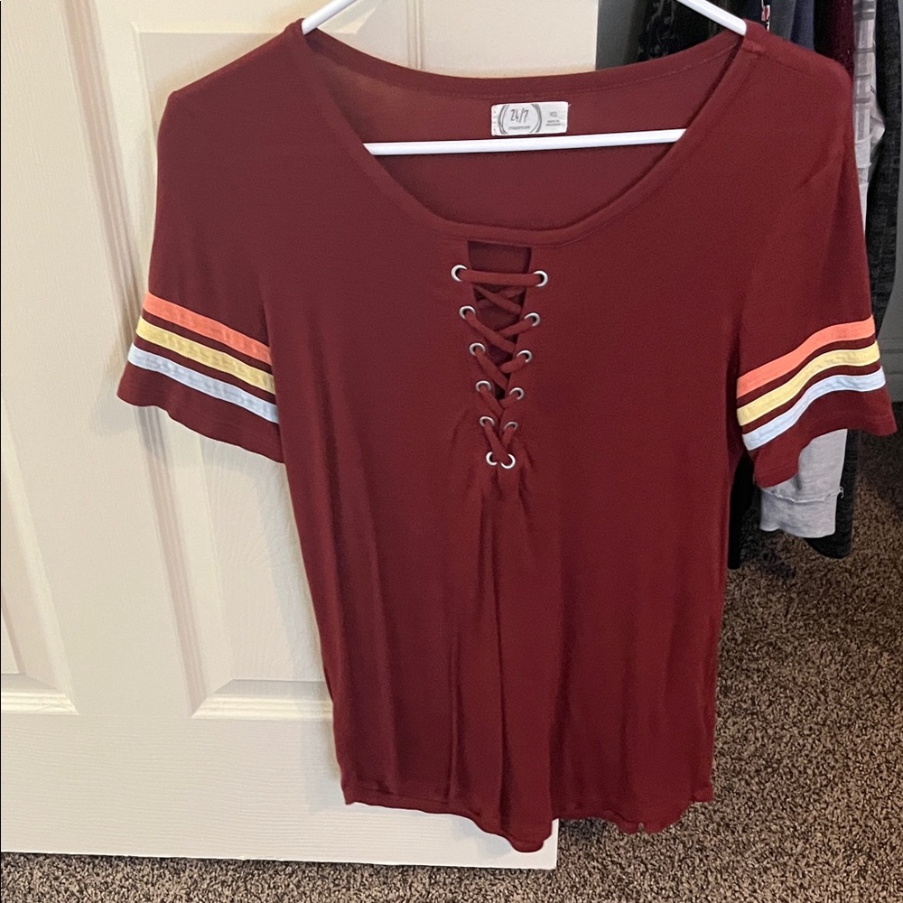 Maurices Burgundy Lace-Up Short Sleeve Tee with Retro Sleeve Stripes